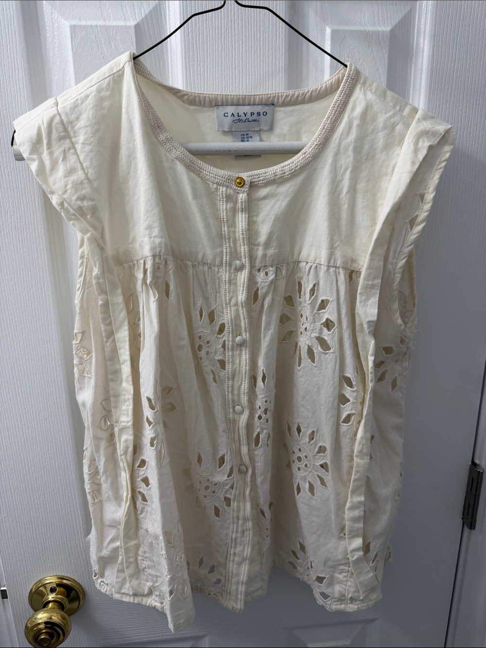 Calypso St. Barth Cream Eyelet Button-Front Cap-Sleeve Top